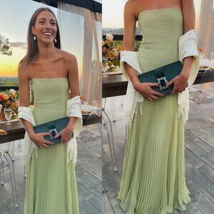 Alexis Sunniva Dress Sage Green Pleated Strapless Plissé Maxi Gown Size‎ L